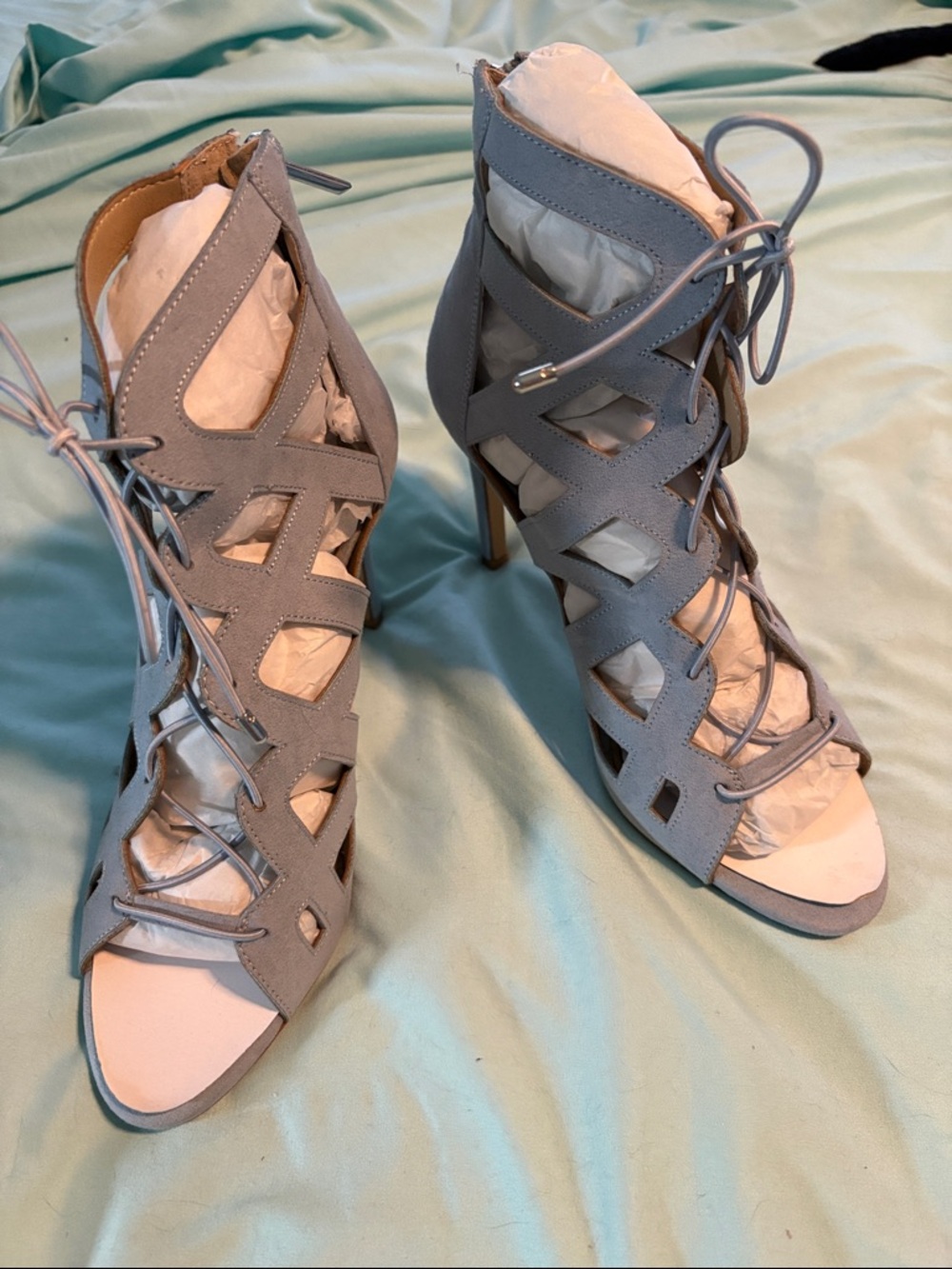 Women's Lace-Up Cutout High Heel Sandals - Gray blue G.I.L.I